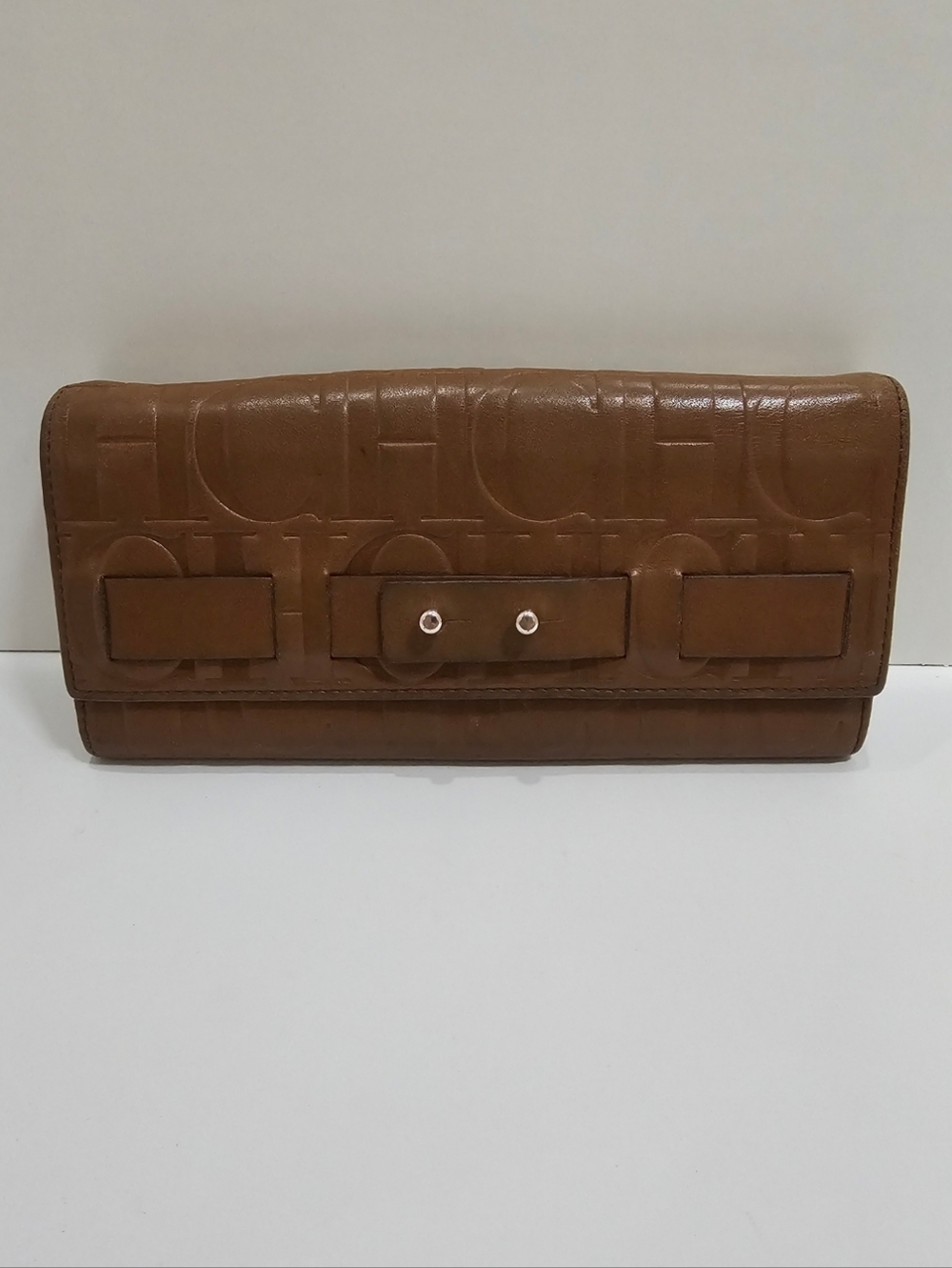 Carolina Herrera (CH) Monogram Embossed Leather Continental Wallet Cognac Brown